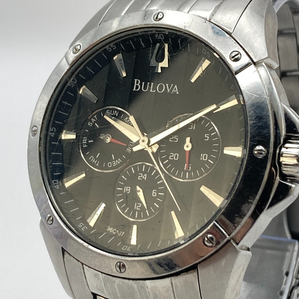 Bulova Mens Watch 42mm Silver Tone Black 96C107 Day Date New Battery SMALL 6.75"